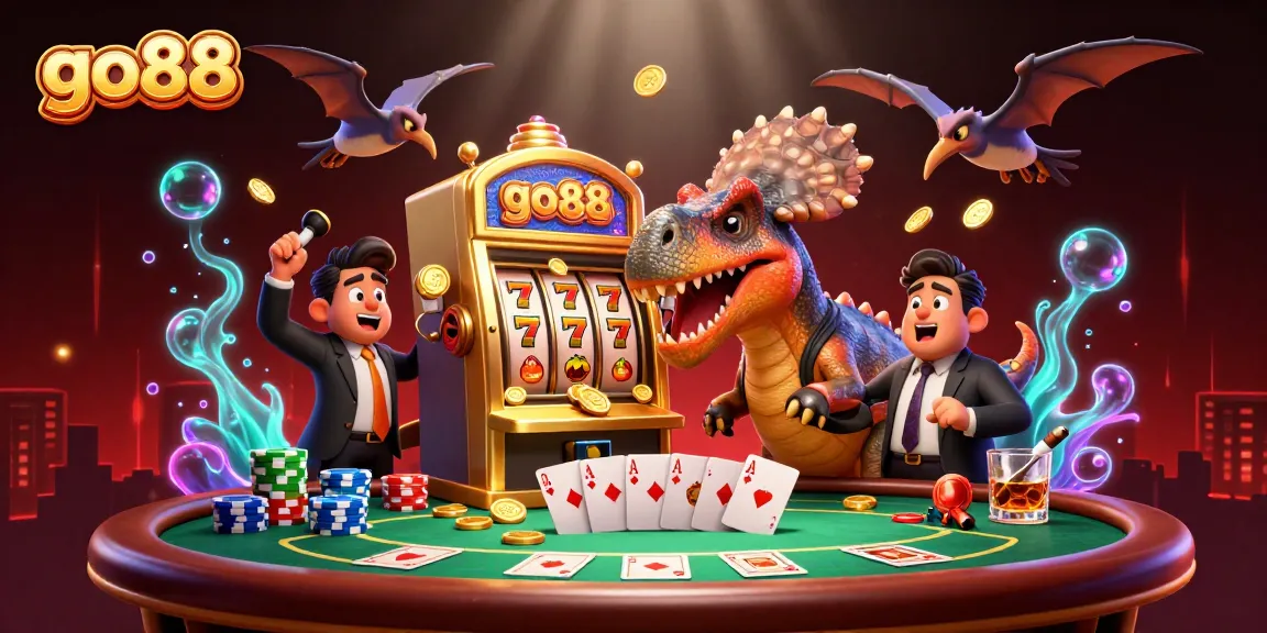Experience thrilling gameplay at go88 with cartoon dinosaurs celebrating a slot jackpot.