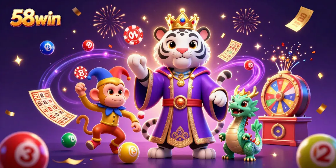 Experience thrilling action with 58win as the white tiger and jester monkey celebrate a vibrant casino atmosphere.