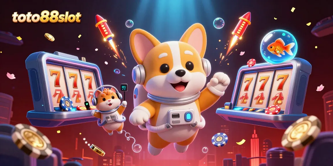Play slots on toto88slot with vibrant casino elements and charismatic characters in space