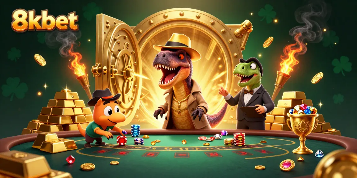 Join the thrilling action at 8xbet with a sneaky velociraptor card counter at a blackjack table amid gold and gems.