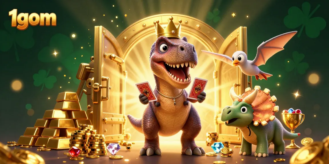 Engage in thrilling betting at 1gom with a vibrant casino scene showcasing playful dinosaurs and sparkling treasures.