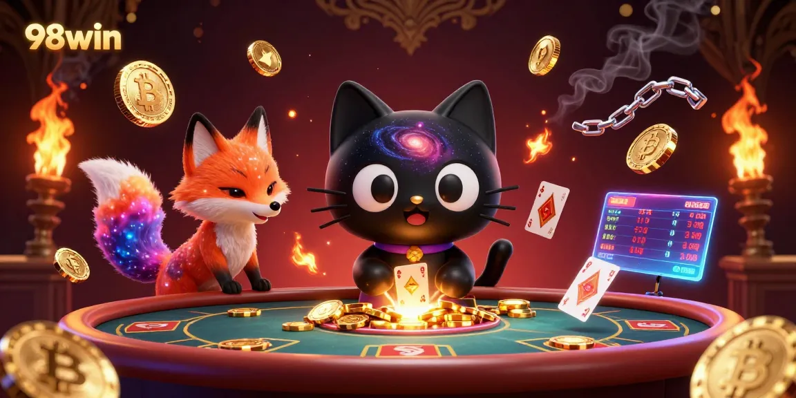 A vibrant cosmic gambling scene featuring the 98win black hole cat captivating players with golden chips and cards.