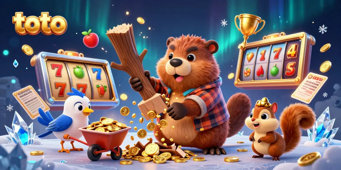 Experience thrilling toto slots as cartoon characters enjoy playing in a vibrant casino scene.