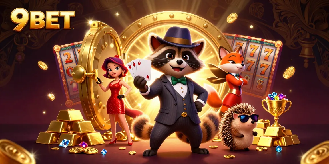 Experience thrilling gaming at 9BET with a raccoon in a suit and a dazzling fox lady amidst treasures and excitement.