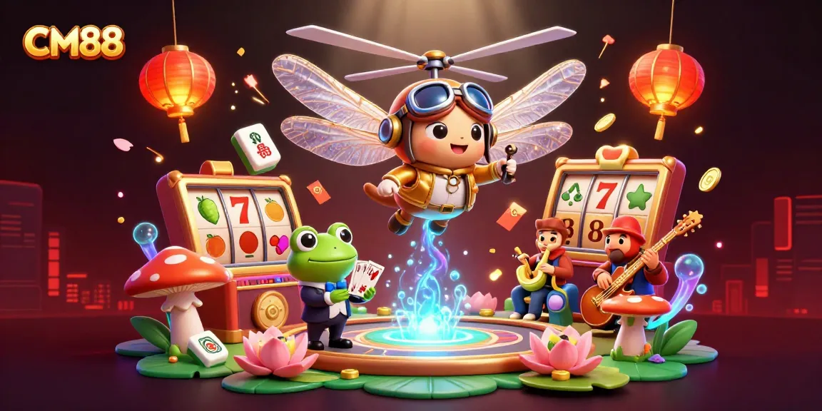 Experience the thrill of CM88 as a dragonfly pilot hovers over a vibrant casino scene filled with jackpots and festive elements.