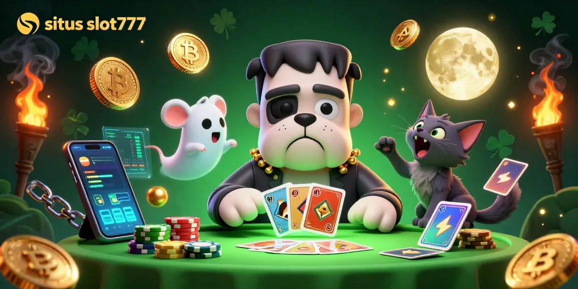 Play thrilling games at situs slot777 with a 3D illustration of a spooky table scene featuring a Frankenstein bulldog and ghost mouse.