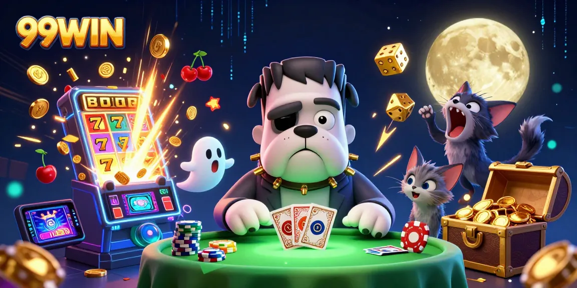 Playing cards with 99WIN characters and a jackpot explosion, illustrating vibrant casino action.