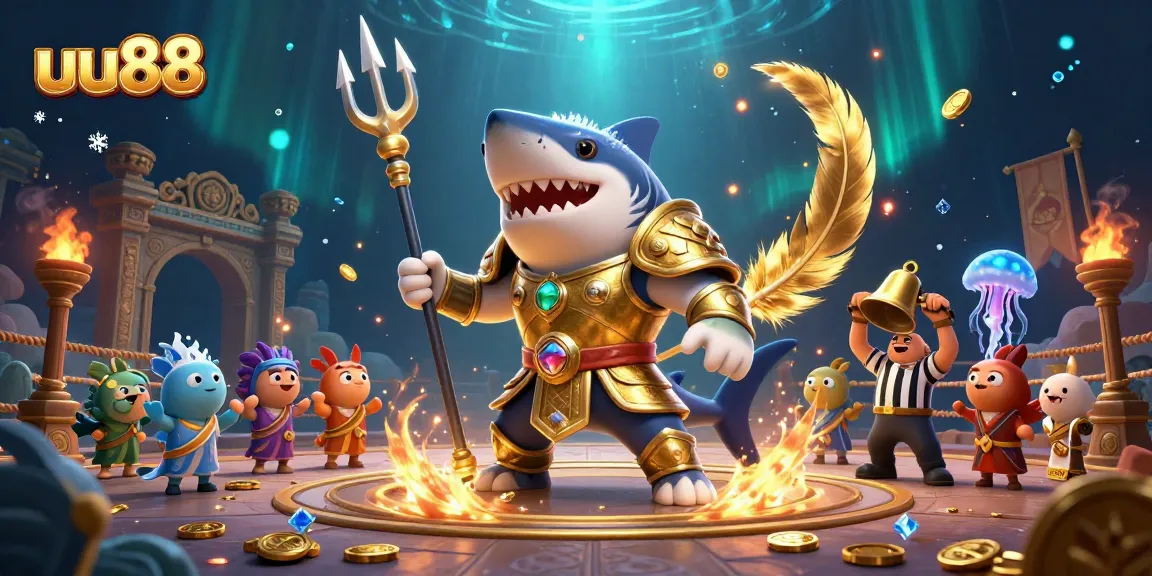 uu88 captures the thrill of the underwater colosseum, showcasing a tiger shark with a trident amidst cheering fish.