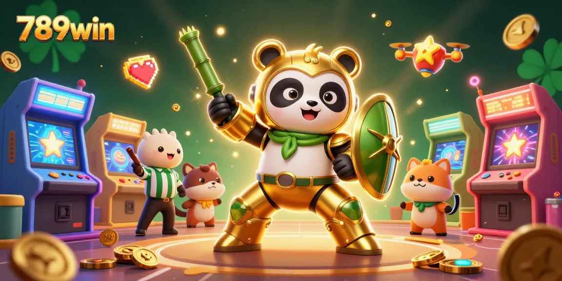 Experience the thrill of 789win with vibrant 3D casino illustration featuring a panda robot and arcade games.