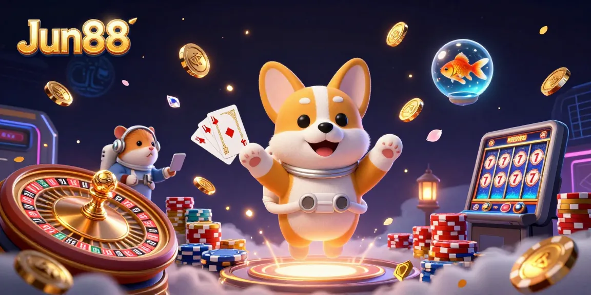 Engage in the thrilling Jun888 casino experience with colorful coins and interactive characters.