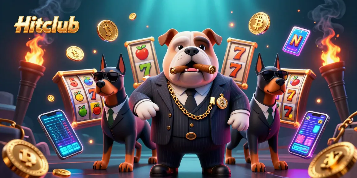 Hitclub features a lively casino scene with a bulldog boss and Doberman bodyguards amidst vibrant slot elements.