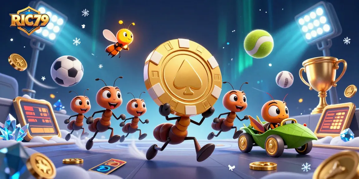 Experience action with RIC79 as ants steal a giant poker chip amidst vibrant gambling elements.