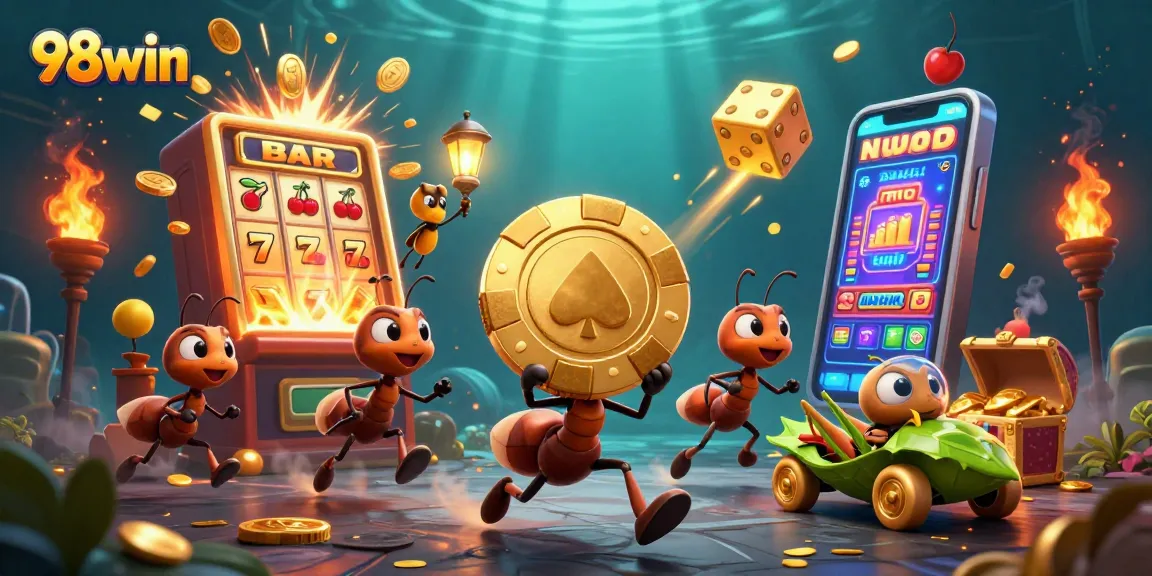 Join the 98win adventure as ants carry a giant poker chip amid jackpot explosions and colorful slot symbols.
