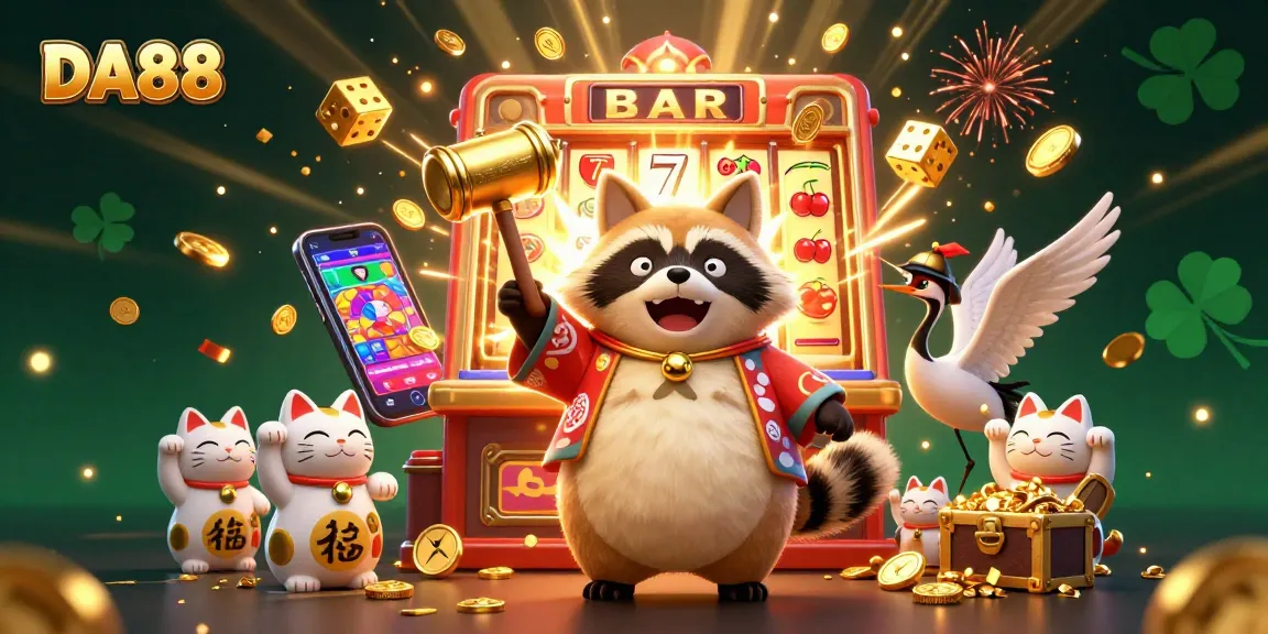 Engage with the vibrant world of DA88 as a festive tanuki and maneki-neko celebrate casino wins.