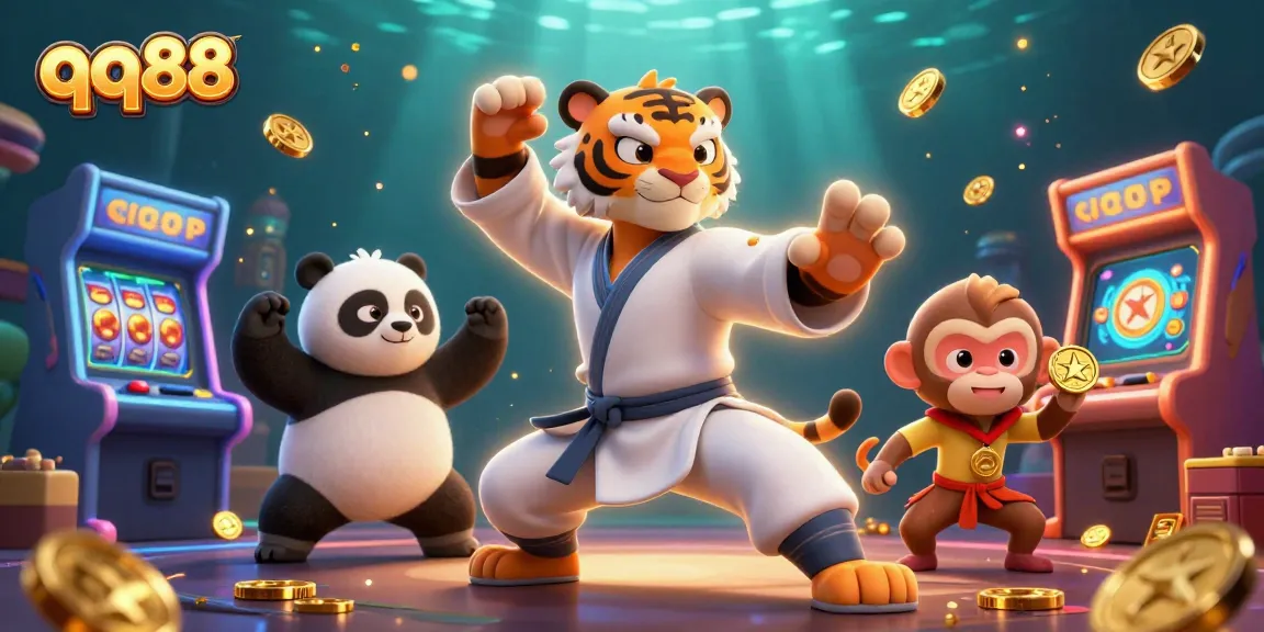 Experience the thrill of qq88 with an exciting 3D scene featuring a kung fu tiger and playful characters in an engaging casino environment.
