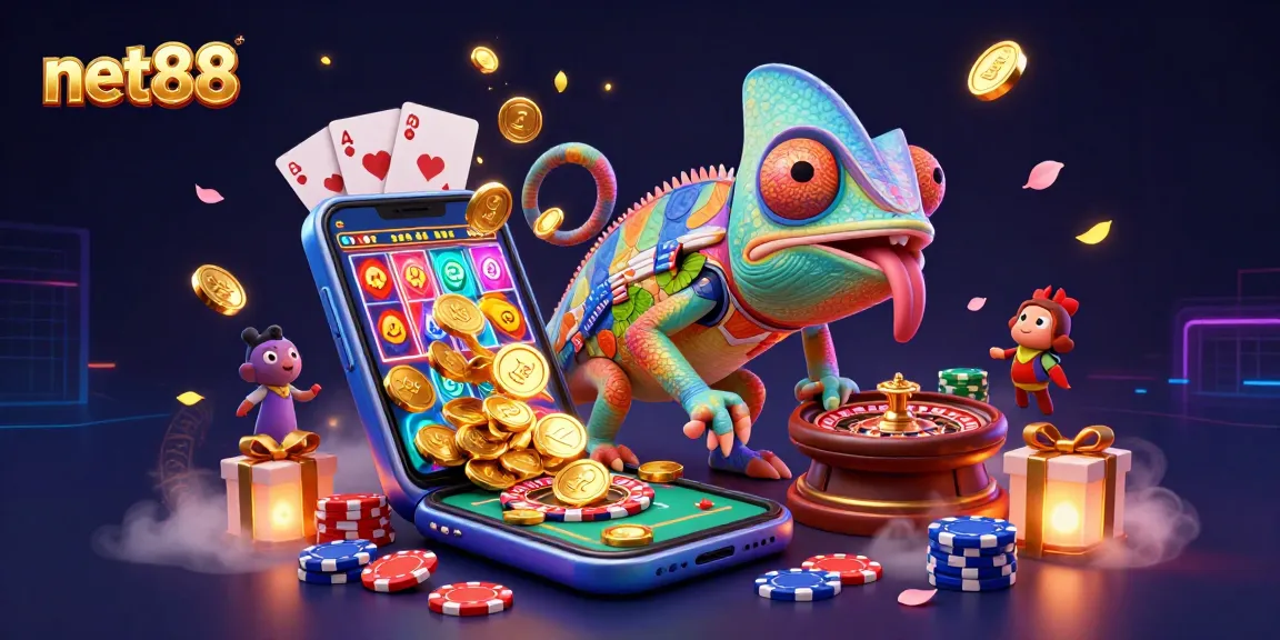 Engage with net88's colorful casino world through a vibrant chameleon character and game elements.