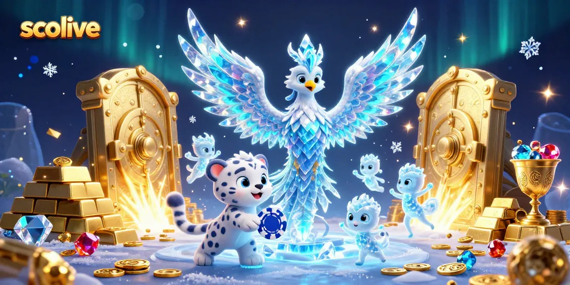 Socolive shows an ice phoenix and a snow leopard with ice poker chips in a vibrant casino scene.
