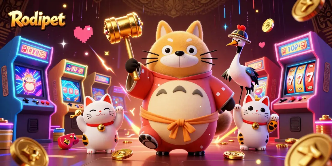Engage with Rodipet in this vibrant casino-themed 3D illustration with slot machines and lucky charms.