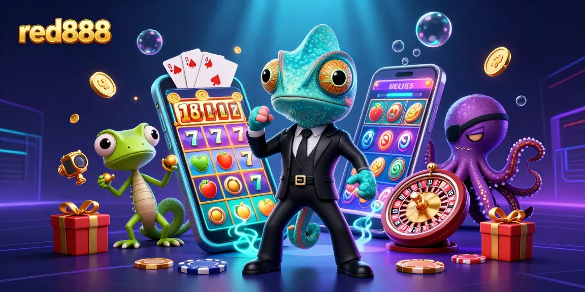 Engage with the vibrant world of red888 featuring a dynamic chameleon, tech-savvy gecko, and villainous octopus in a thrilling casino scene.