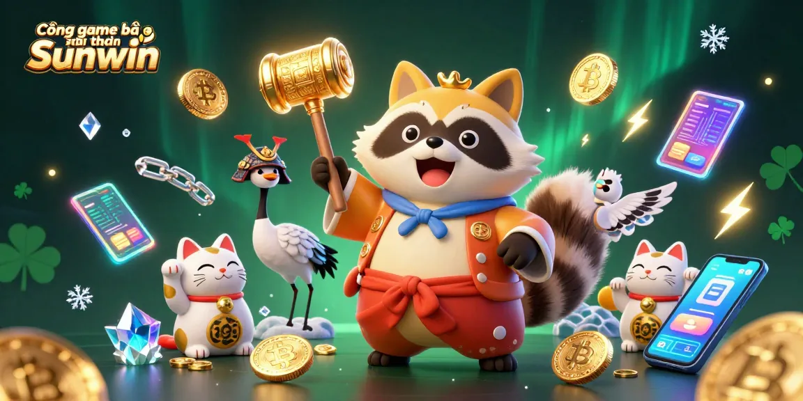 Engage in winning strategies with Cổng game bài đổi thưởng Sunwin featuring colorful maneki-neko and crypto elements.