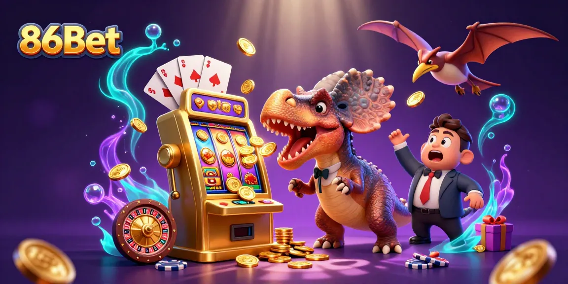 Win big with 86Bet! A 3D pachycephalosaurus and friends celebrate a jackpot.