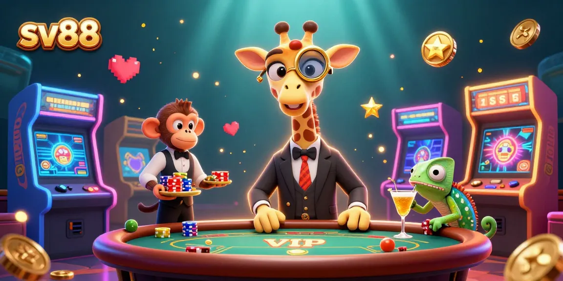 Experience the excitement of sv88 with a vibrant 3D casino scene featuring a giraffe poker player and a monkey valet.
