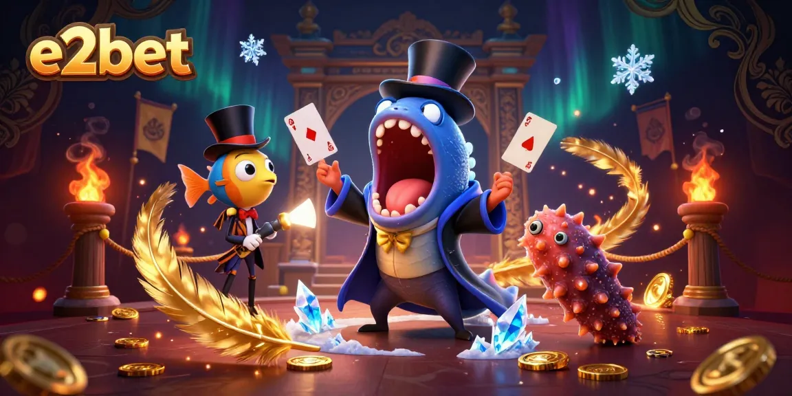 Experience thrilling e2bet games as deep-sea creatures perform magic tricks in this vibrant casino illustration.