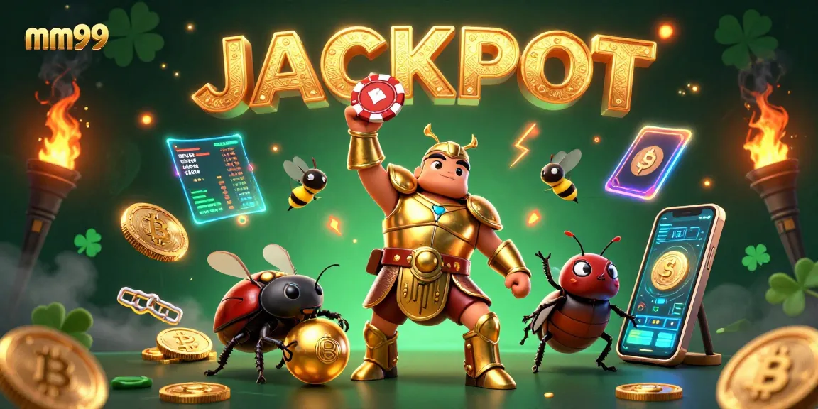 Win big with mm99 by joining the victorious hercules beetle in a thrilling casino scene.