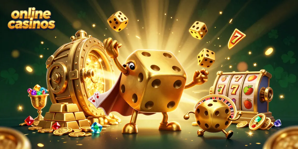 Engaging illustration of online casinos with a golden dice golem juggling, rich casino elements.
