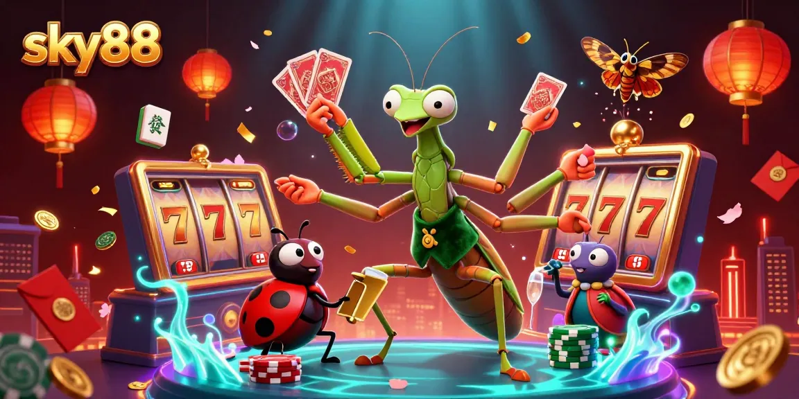 Experience thrilling slot action with sky88’s dynamic cartoon characters in a vibrant casino scene.