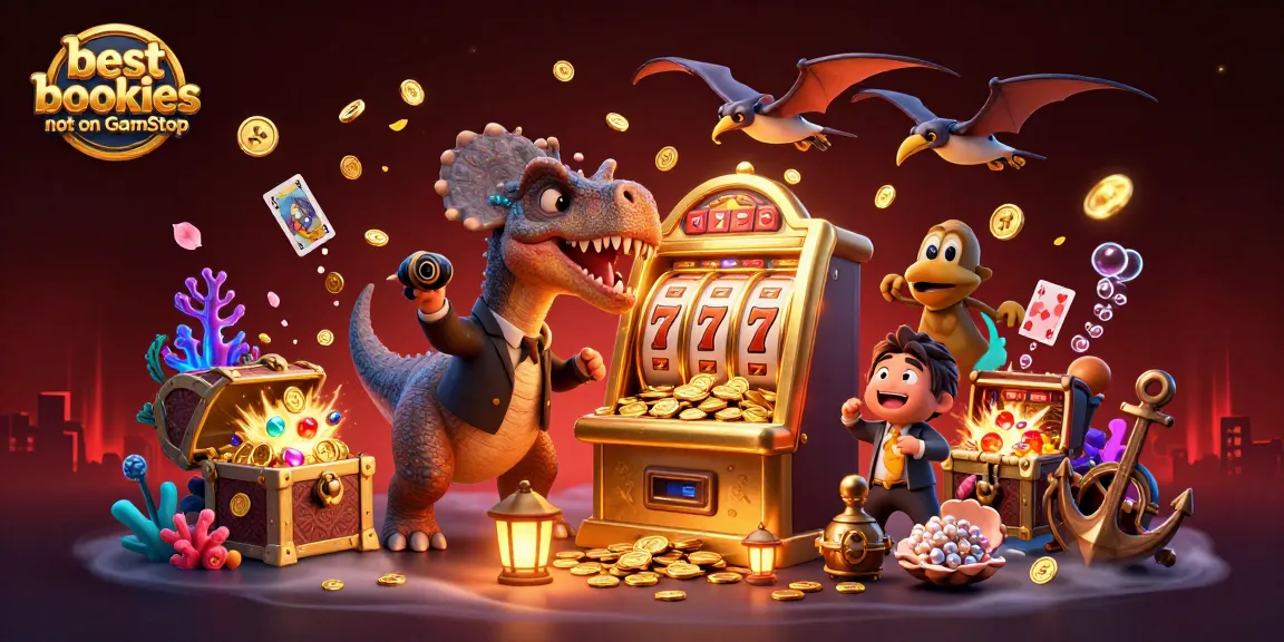 3D illustration showing the best bookies not on GamStop, featuring a dinosaur headbutting a slot machine while coins fly.