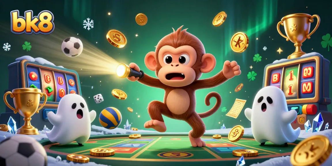 Experience the excitement of bk8 with a mischievous monkey juggling treasures in a vibrant casino setting.